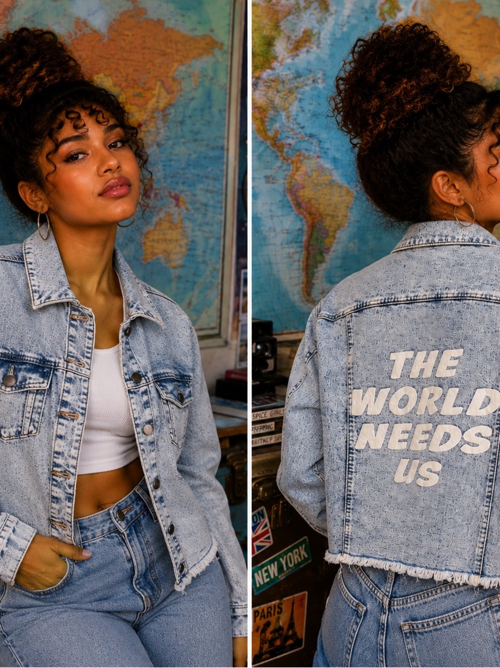 Peace Love World Denim Cropped Jacket - Light Blue 'The World Needs Us'